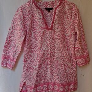 Brooks Brothers 346 Womens Pink Paisley 3/4 Sleeve Tunic Top Split V-Neck Small